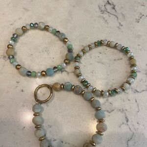 Set of three beaded bracelets, blue and green